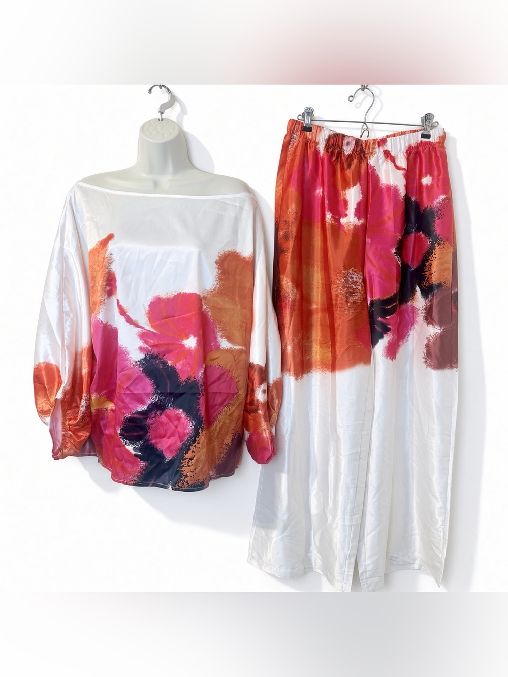 Women’s M Satin Floral Print 2 Piece Set Off Shoulder Top & Wide Leg Pants